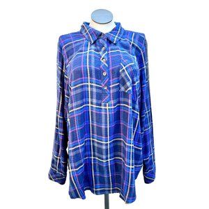 Torrid Flannel Shirt Size 3 Blue Purple Yellow Plaid Buttons Front Back LS NWOT